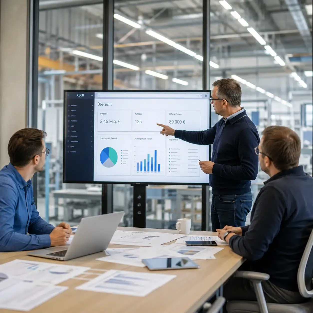 Geschäftsmeeting mit Präsentation von Unternehmenskennzahlen auf Bildschirm