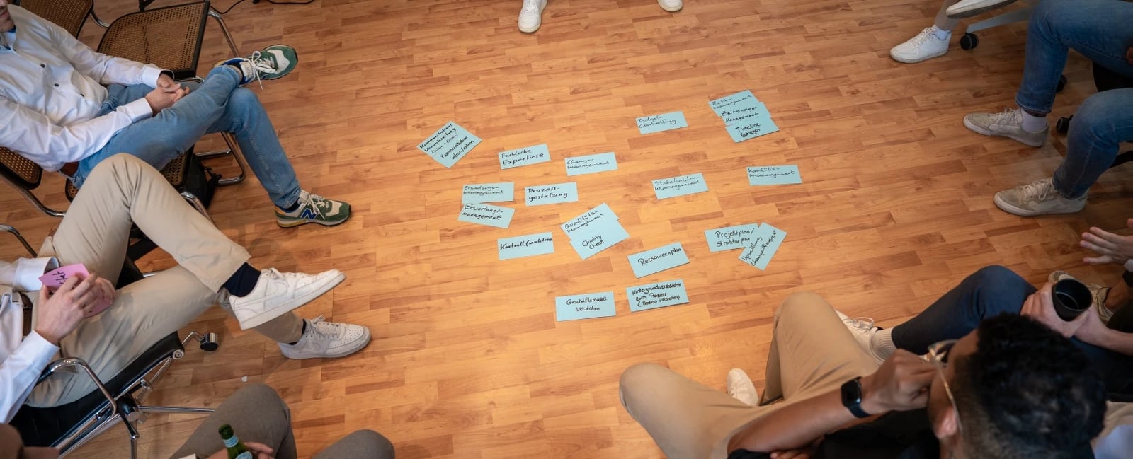 Workshop mit Karten am Boden im Stuhlkreis