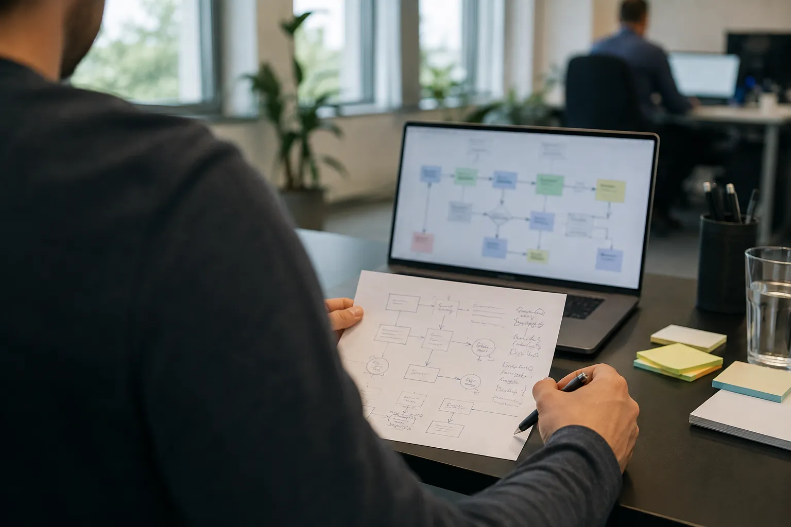 Berater zeichnet einen Prozessablauf, auf dem Laptop ein Prozessdiagramm