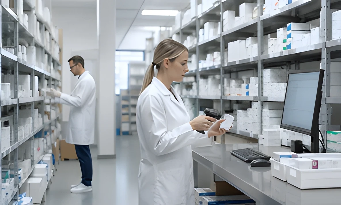 Apothekerin prüft Medikamente im Lager mit Computer