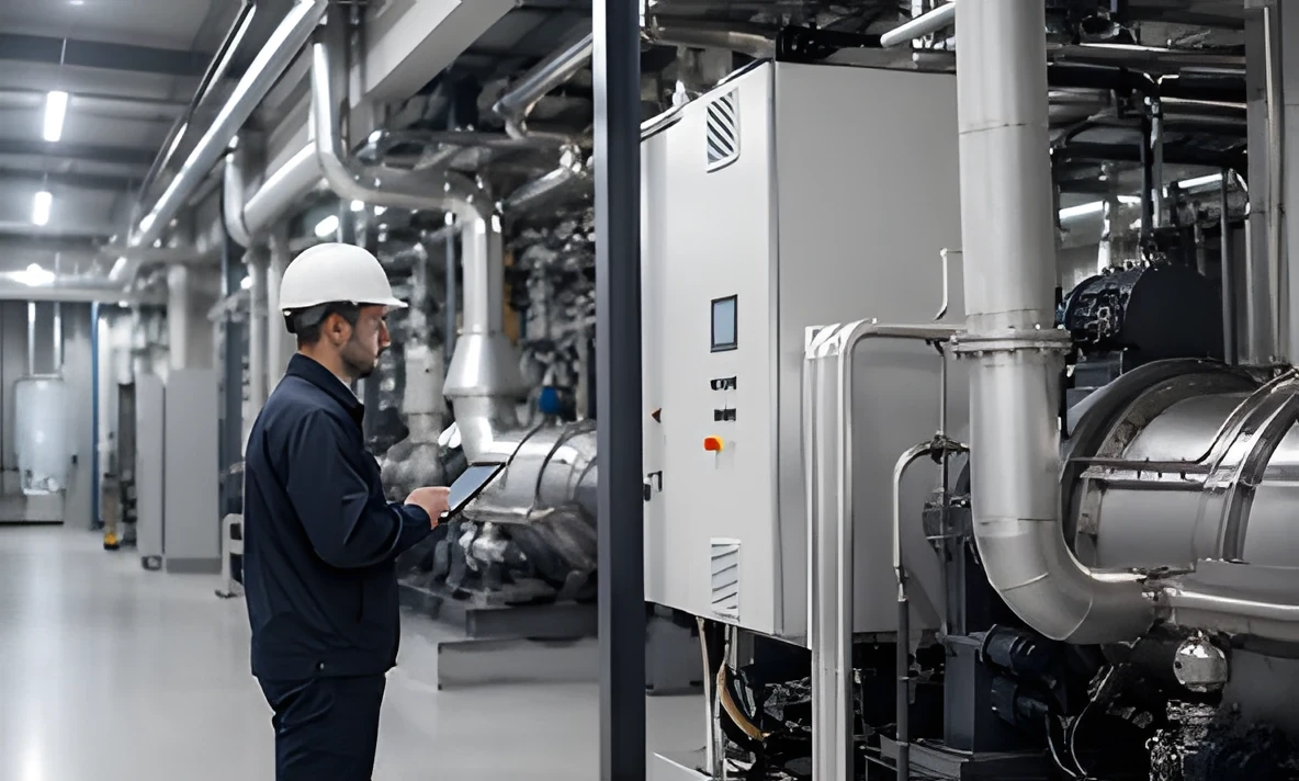 Techniker prüft Industrieanlage mit Tablet