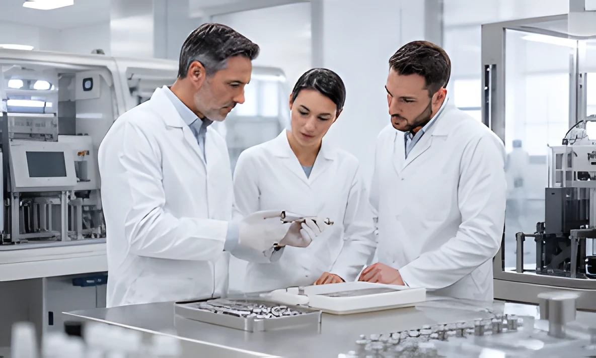 Drei Wissenschaftler im Labor mit Dokumenten