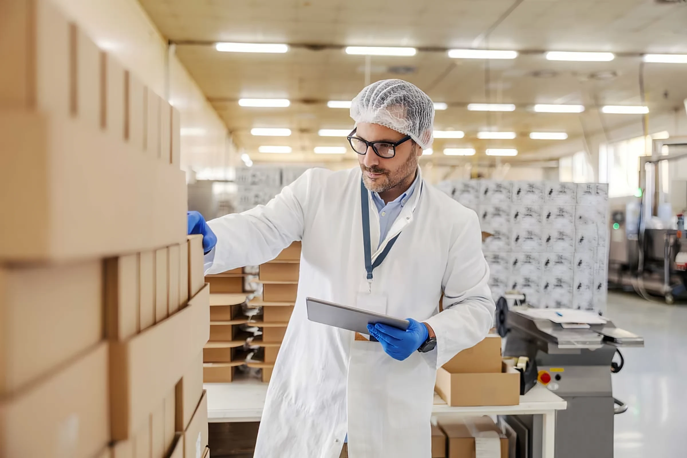 Mitarbeiter im Laborkittel prüft Ware im Lager mit einem Tablet